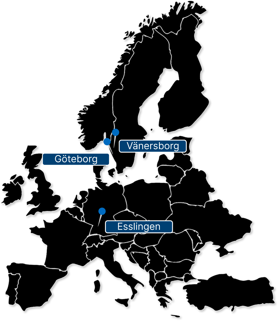 Map pointing out Vänersborg, Göteborg, Esslingen